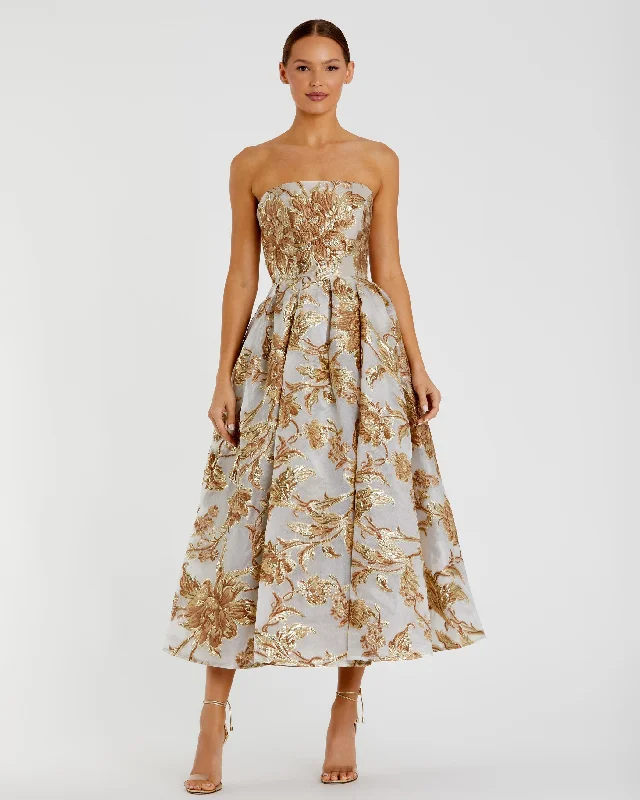 Strapless Brocade Midi Dress with Pockets Stylish Tiered Midi Dress