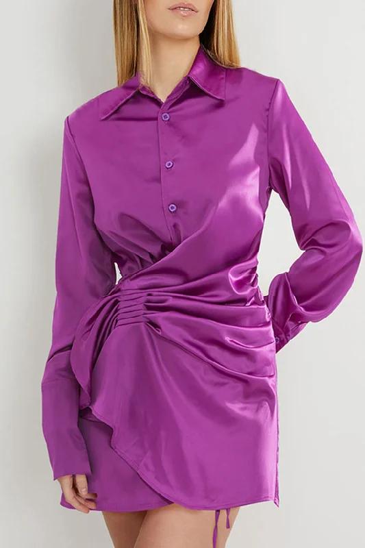 Asymmetric Long Sleeve Ruffle Ruched Satin Shirt Mini Dress - Fuchsia Fashionable Off-Shoulder Mini Dress Asymmetric Long Sleeve Ruffle Ruched Satin Shirt Mini Dress - Fuchsia Fashionable Off-Shoulder Mini Dress