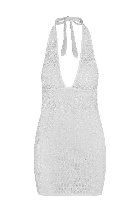 Catania Mini Dress - White Lace Crochet Stylish Button-Down Mini Dress