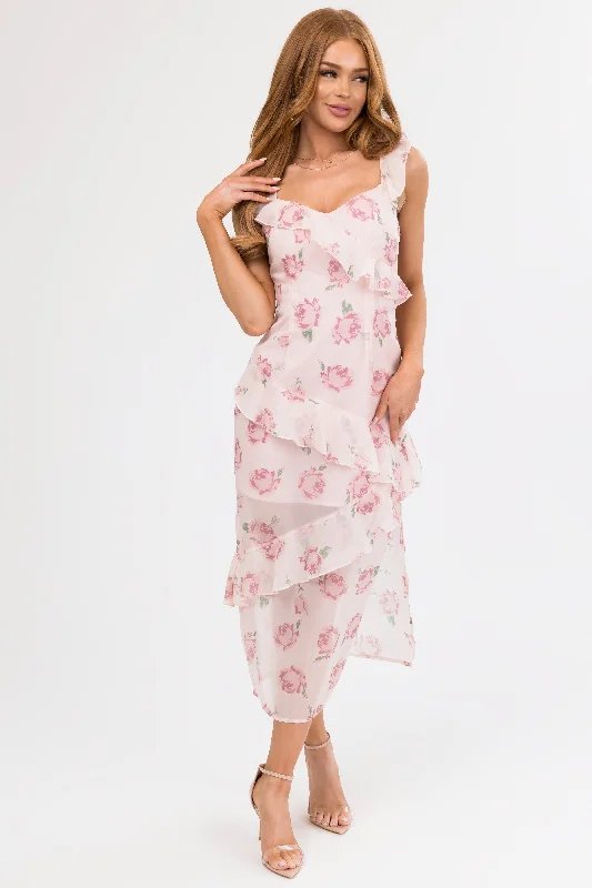 Cherry Blossom Floral Print Ruffle Midi Dress Stylish Halter Neck Midi Dress