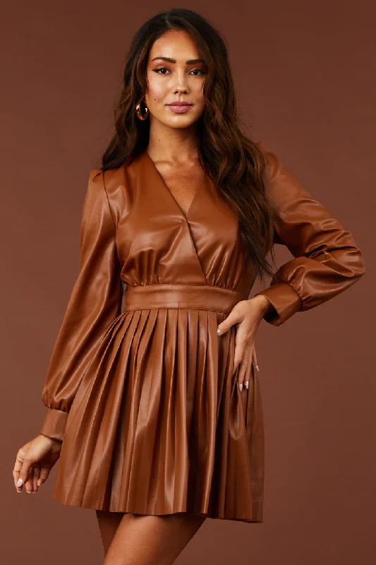Cognac Faux Leather Surplice Pleated Mini Dress Elegant Vintage Mini Dress