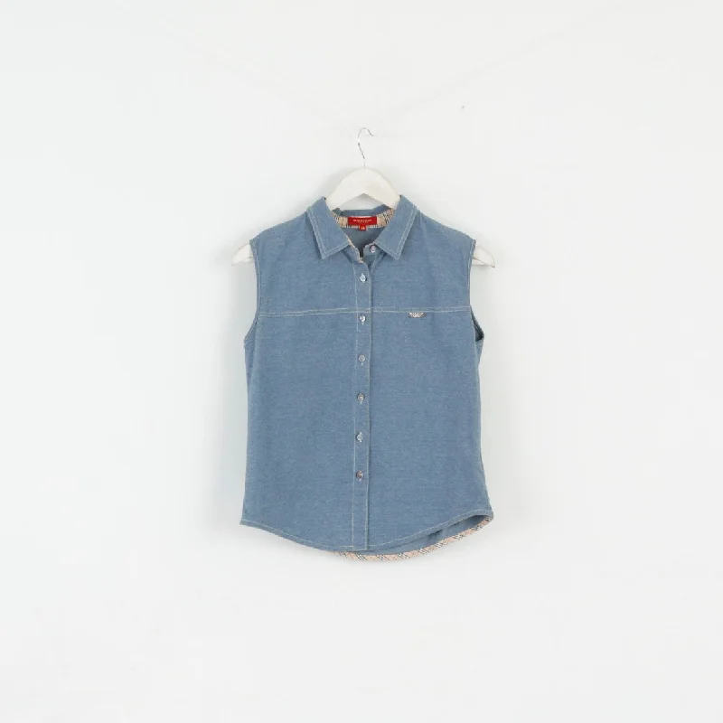 Burberry London Womens 44 S Shirt Sleeveless Blue Cotton Top Vest Trendy Turtleneck Short Shirt Burberry London Womens 44 S Shirt Sleeveless Blue Cotton Top Vest Trendy Turtleneck Short Shirt
