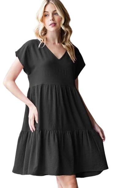 Dolman Short Sleeve V Neck Solid Tiered Mini Dress Black - Pack of 6 Trendy Wraparound Mini Dress