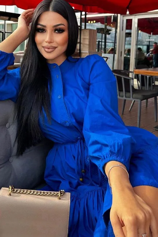 Elegant Button Down Bishop Sleeve A line Ruffle Shirt Mini Dress - Royal Blue Trendy Tulle Mini Dress Elegant Button Down Bishop Sleeve A line Ruffle Shirt Mini Dress - Royal Blue Trendy Tulle Mini Dress