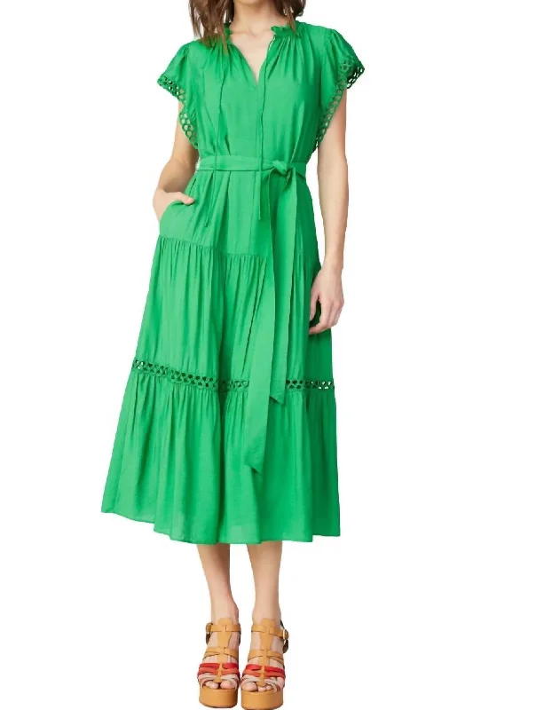 Emerald City Midi Dress In Green Stylish Cold Shoulder Midi Dress