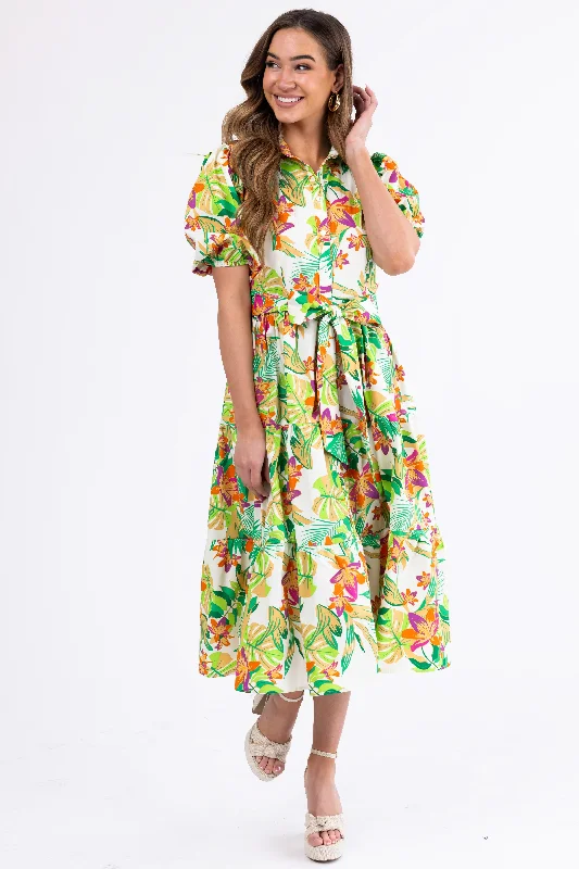 Flying Tomato Cream Floral Midi Dress Trendy Long Sleeve Midi Dress