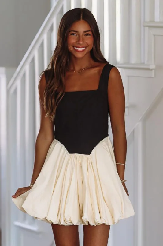 Headed Upstate Balloon Mini Dress - Black and Cream Chic Bohemian Mini Dress