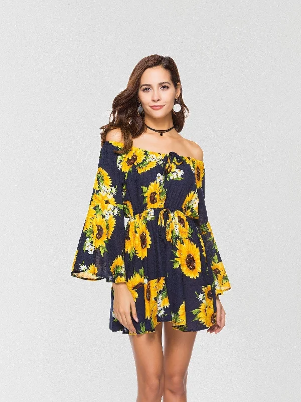 Heatin' Up Daisy Print Off The Shoulder Mini Dress Cozy Long Sleeve Mini Dress