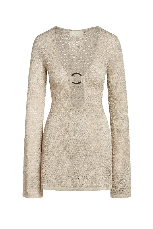 Montego Mini Dress - Champagne Lurex Lace Crochet Fashionable A-Line Mini Dress