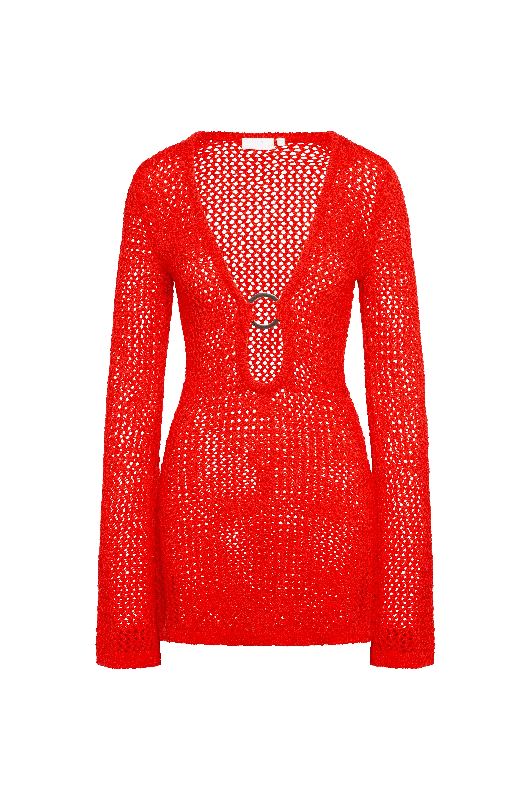 Montego Mini Dress - Chili Pepper Petit Crochet Stylish Short Sleeve Mini Dress