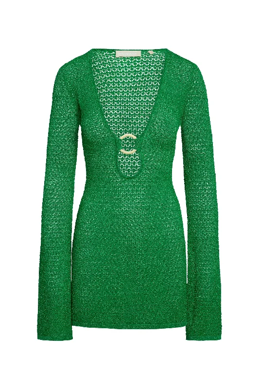 Montego Mini Dress - Palm Green Lurex Lace Crochet Cozy Satin Mini Dress
