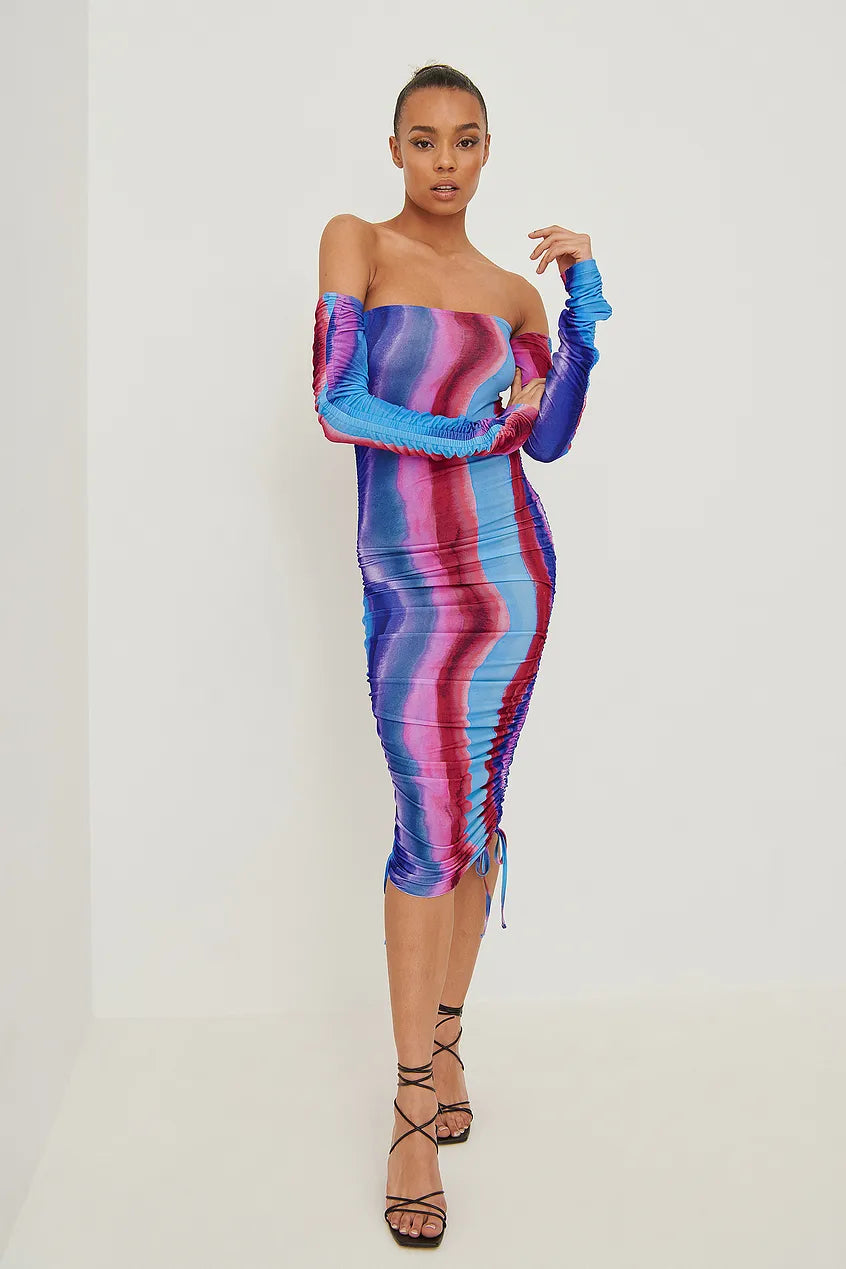 Off Shoulder Rouched Mini Dress Comfortable Fit-and-Flare Mini Dress