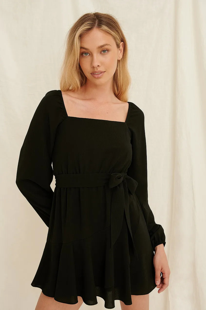 Overlapped Frill Mini Dress Black Elegant Lace Mini Dress