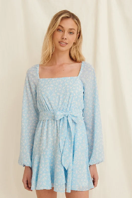 Overlapped Frill Mini Dress Blue Comfortable Ruffle Mini Dress