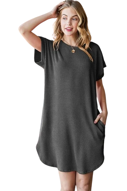 Solid Urban Ribbed Mini Dress with Side Pocket Charcoal - Pack of 6 Comfortable Zip-Up Mini Dress