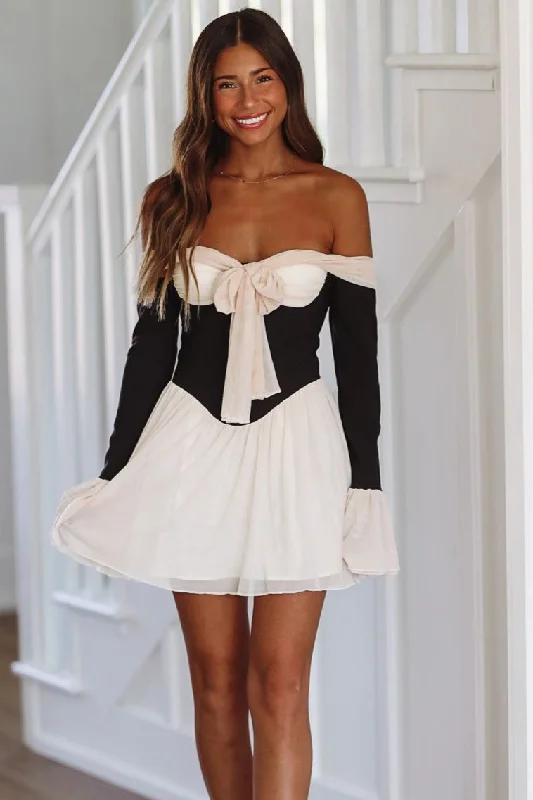 Sweet Whispers Mini Dress - Black and Cream Elegant Tulle Mini Dress