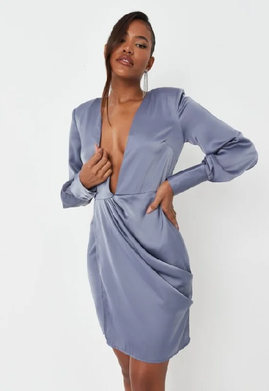 Tall Blue Satin V Plunge Drape Front Mini Dress Casual Button-Up Mini Dress