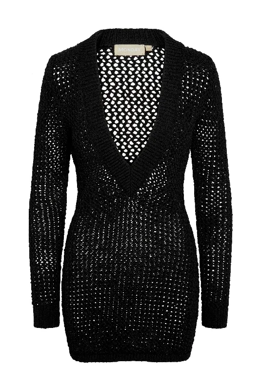 Tuscany Mini Dress - Black Petit Crochet Casual V-Neck Mini Dress