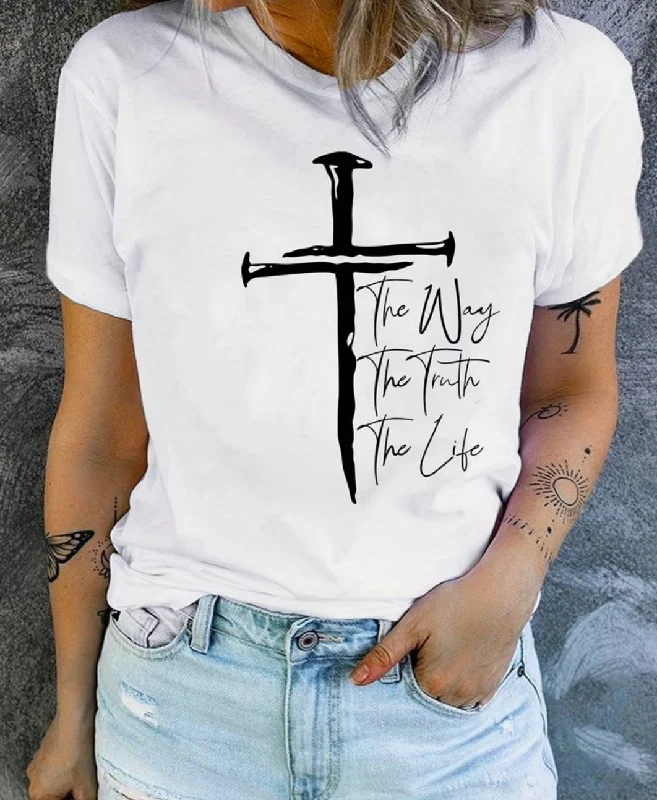 Christian Cross Print T-Shirt, Short Sleeve Crew Neck Casual Top For Summer & Spring, Women's Clothing Zippered Front Buttoned Front Snap Front Christian Cross Print T-Shirt, Short Sleeve Crew Neck Casual Top For Summer & Spring, Women's Clothing Zippered Front Buttoned Front Snap Front
