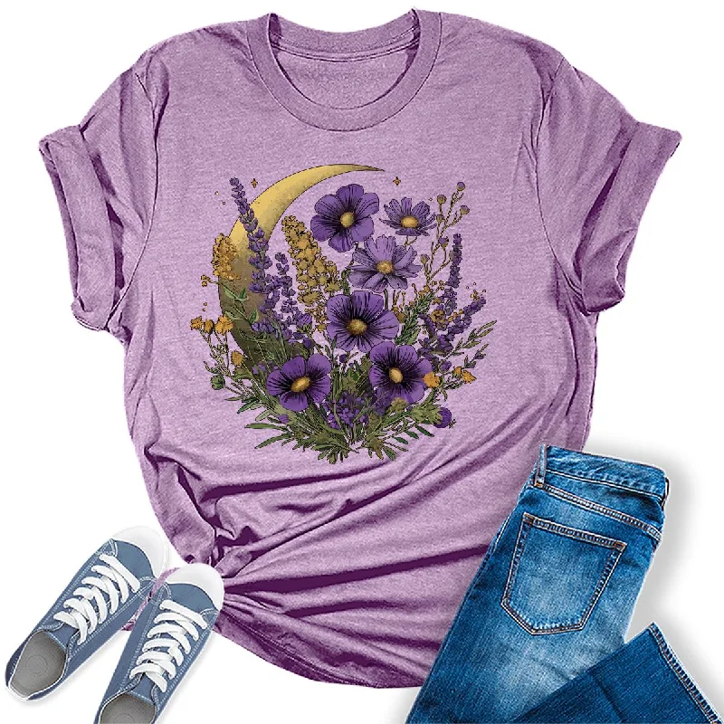 Crescent Moon Lavender Flower Graphic Tees for Women Fitted T-Shirt Seamless Stretchy Crescent Moon Lavender Flower Graphic Tees for Women Fitted T-Shirt Seamless Stretchy