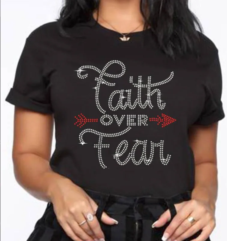 Faith Over Fear Rhinestone T-shirt, Short Sleeve Crew Neck Casual Top Plaid T-Shirt Polka Dot Checkered Faith Over Fear Rhinestone T-shirt, Short Sleeve Crew Neck Casual Top Plaid T-Shirt Polka Dot Checkered