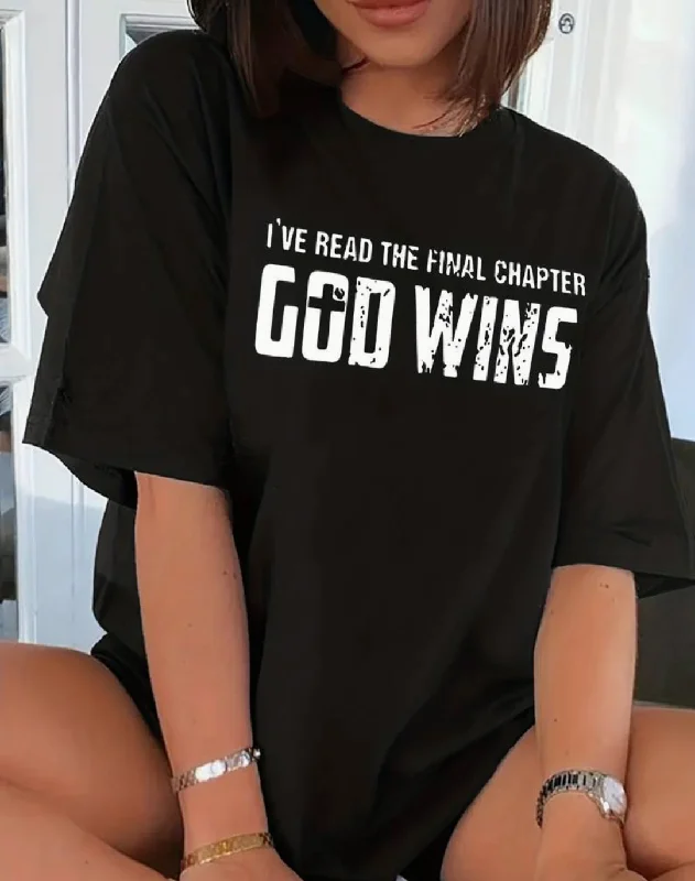 God Wins Print T-shirt, Drop Shoulder Crew Neck Casual Top For Summer & Spring, Women's Clothing Ribbed Striped Patterned God Wins Print T-shirt, Drop Shoulder Crew Neck Casual Top For Summer & Spring, Women's Clothing Ribbed Striped Patterned