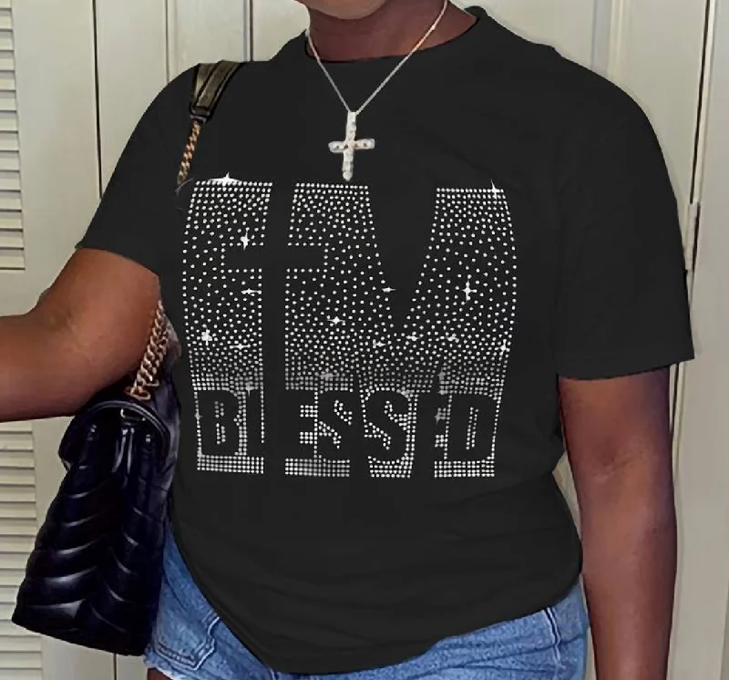 I'm Blessed Rhinestone T-Shirt, Short Sleeve Casual Top For Summer & Spring, Women's Clothing Beaded Sequined Faux Fur I'm Blessed Rhinestone T-Shirt, Short Sleeve Casual Top For Summer & Spring, Women's Clothing Beaded Sequined Faux Fur