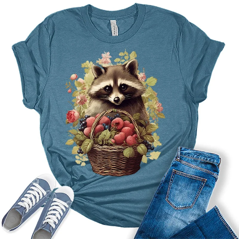 Raccoon Berries Floral Cottagecore Womens T-shirt Anti-Pilling Machine Wash Handmade Raccoon Berries Floral Cottagecore Womens T-shirt Anti-Pilling Machine Wash Handmade