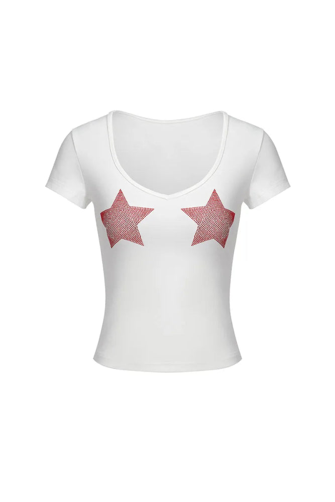 Slim Fit Star Graphic Tee - Y2K Inspired V-Neck Top for Women Anti-Shrink Durable Soft Slim Fit Star Graphic Tee - Y2K Inspired V-Neck Top for Women Anti-Shrink Durable Soft