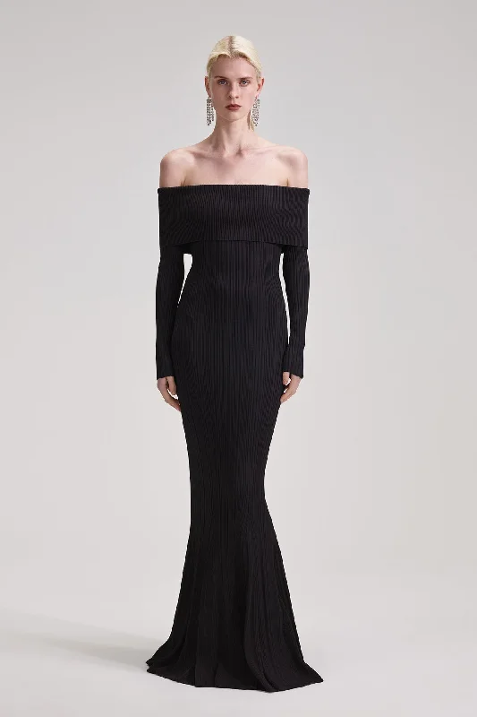 Black Ribbed Knit Maxi Dress Elegant Maxi Dress with Lace
