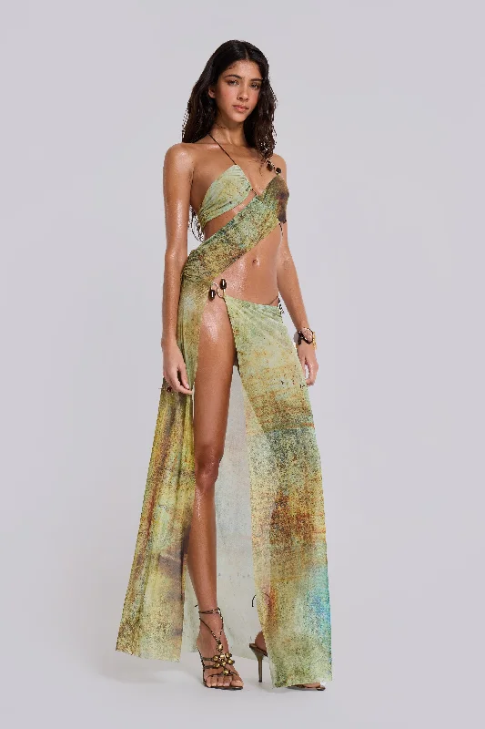 Cantha Asymmetric Cut Out Maxi Dress in Lagoon Chic Off-Shoulder Maxi Dress