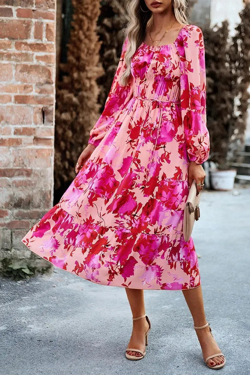 WOMEN FLORAL PATTERN SQUARE NECK MAXI DRESS Elegant Floral Maxi Dress