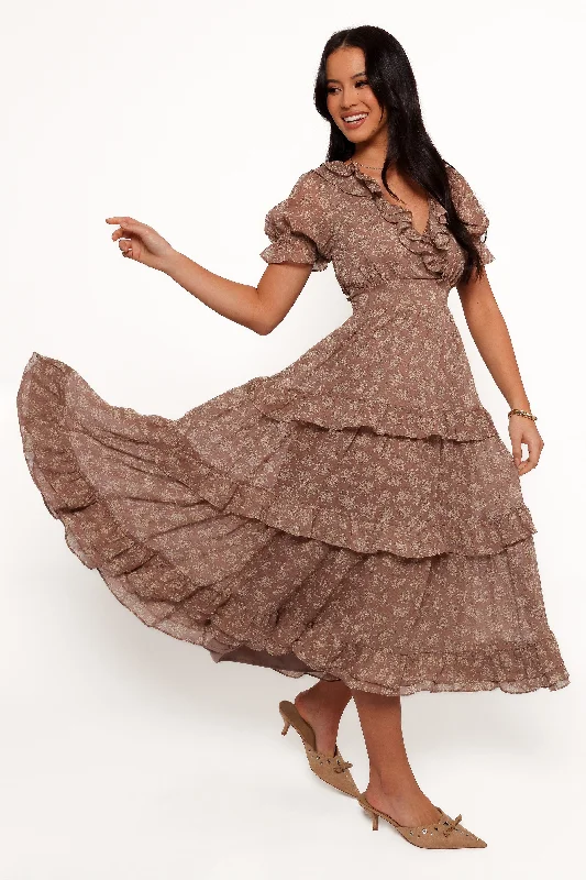 Dayla Maxi Dress - Brown/Light Beige Elegant Wraparound Maxi Dress