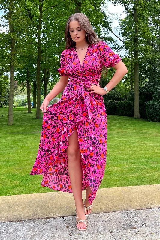 Girl in Mind Lydia Split Hem Frill Detail Pink Leopard Maxi Dress Cozy Maxi Dress with Slit Girl in Mind Lydia Split Hem Frill Detail Pink Leopard Maxi Dress Cozy Maxi Dress with Slit