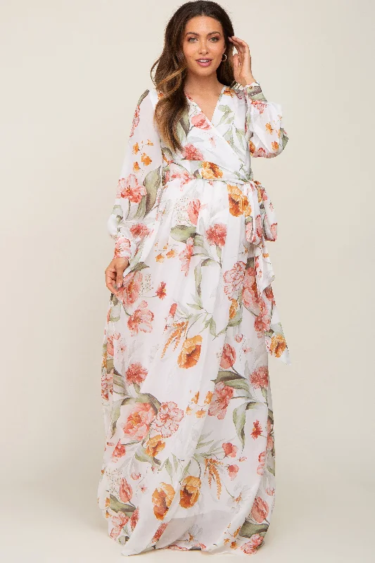 Ivory Floral Chiffon Long Sleeve Maternity Maxi Dress Fashionable Halter Neck Maxi Dress Ivory Floral Chiffon Long Sleeve Maternity Maxi Dress Fashionable Halter Neck Maxi Dress
