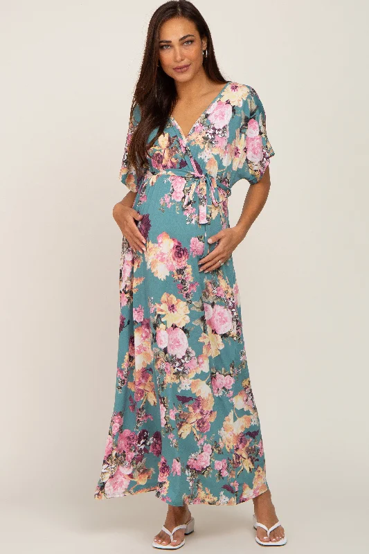 Jade Floral Wrap Front Waist Tie Maternity Maxi Dress Fashionable Faux Wrap Maxi Dress Jade Floral Wrap Front Waist Tie Maternity Maxi Dress Fashionable Faux Wrap Maxi Dress