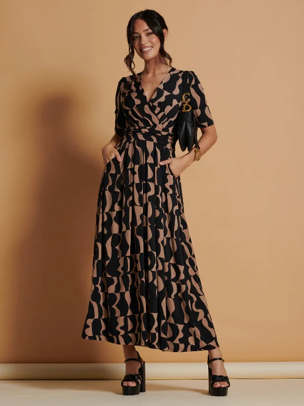 Jenny Printed Maxi Dress, Brown Pattern Elegant Lace-Up Maxi Dress