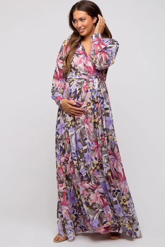 Mauve Floral Chiffon Wrap Front V-Neck Long Sleeve Maternity Maxi Dress Elegant Lace-Up Maxi Dress Mauve Floral Chiffon Wrap Front V-Neck Long Sleeve Maternity Maxi Dress Elegant Lace-Up Maxi Dress