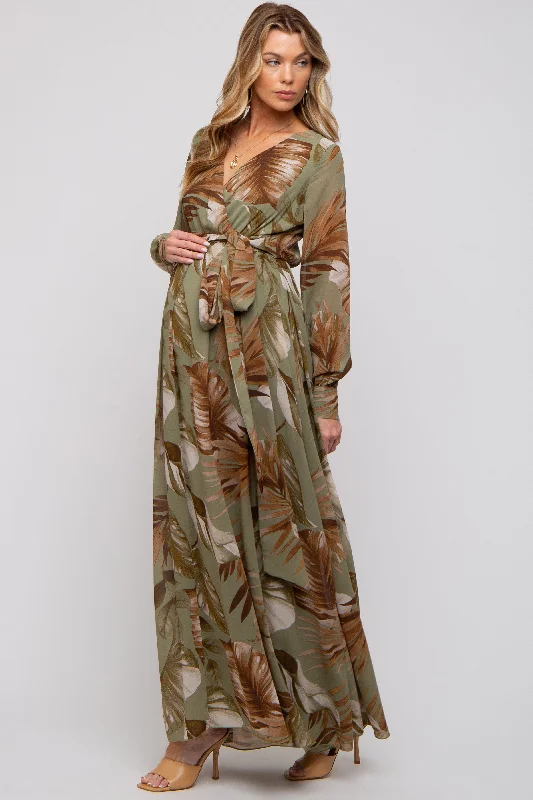 Olive Palm Print Chiffon Wrap Front V-Neck Long Sleeve Maternity Maxi Dress Classic A-Line Maxi Dress Olive Palm Print Chiffon Wrap Front V-Neck Long Sleeve Maternity Maxi Dress Classic A-Line Maxi Dress