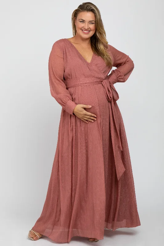 Pink Metallic Chiffon Maternity Plus Maxi Dress Elegant Maxi Dress with Drapes