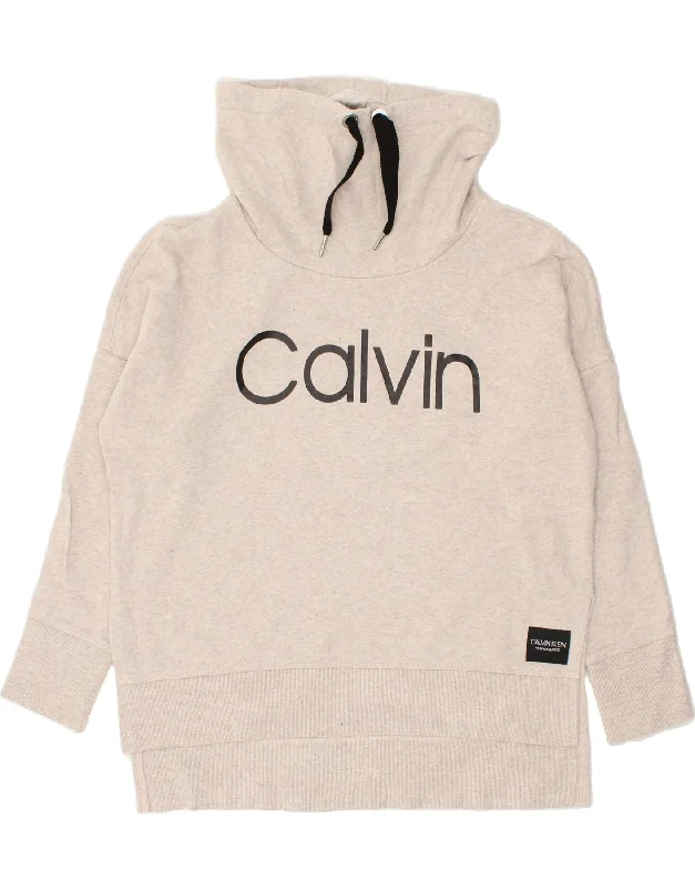 CALVIN KLEIN Womens Graphic Roll Neck Sweatshirt Jumper UK 14 Medium Grey Hoodie with Distressed Vintage Worn CALVIN KLEIN Womens Graphic Roll Neck Sweatshirt Jumper UK 14 Medium Grey Hoodie with Distressed Vintage Worn