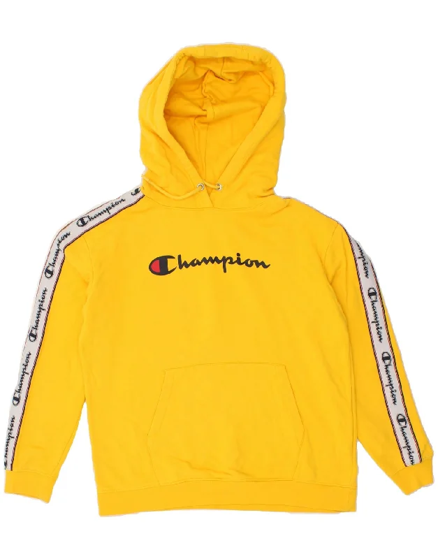 CHAMPION Mens Graphic Hoodie Jumper XL Yellow Cotton Hoodie with Exposed Zipper Edgy Industrial CHAMPION Mens Graphic Hoodie Jumper XL Yellow Cotton Hoodie with Exposed Zipper Edgy Industrial