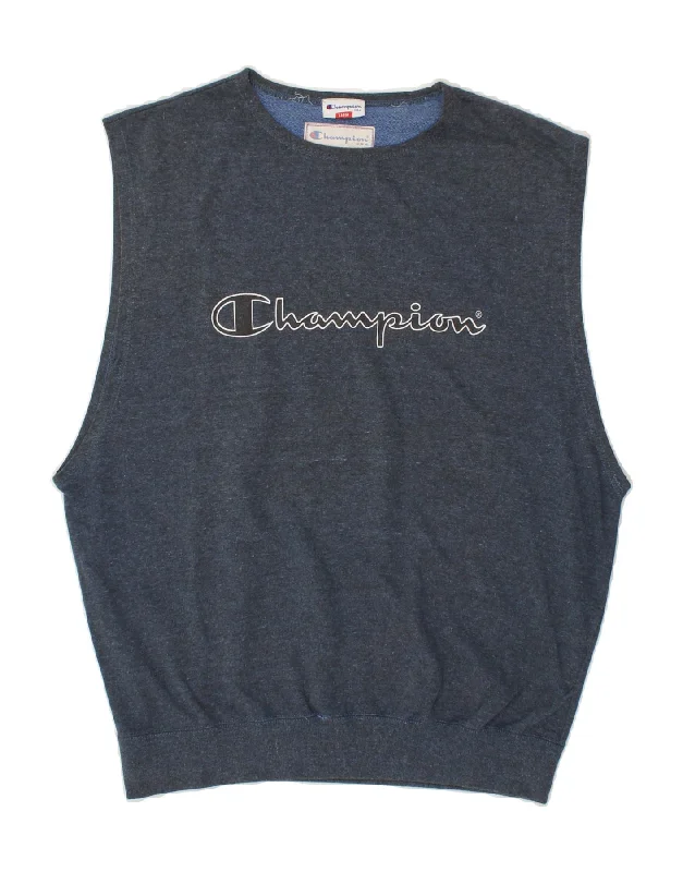 CHAMPION Mens Sleeveless Graphic Sweatshirt Jumper Large Blue Cotton Hoodie with Patch Decorative Personalized CHAMPION Mens Sleeveless Graphic Sweatshirt Jumper Large Blue Cotton Hoodie with Patch Decorative Personalized