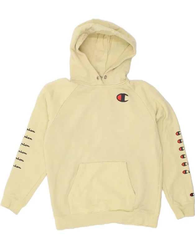 CHAMPION Womens Graphic Hoodie Jumper UK 14 Medium Yellow Cotton Hoodie with Elastic Waist Stretchable Comfortable CHAMPION Womens Graphic Hoodie Jumper UK 14 Medium Yellow Cotton Hoodie with Elastic Waist Stretchable Comfortable