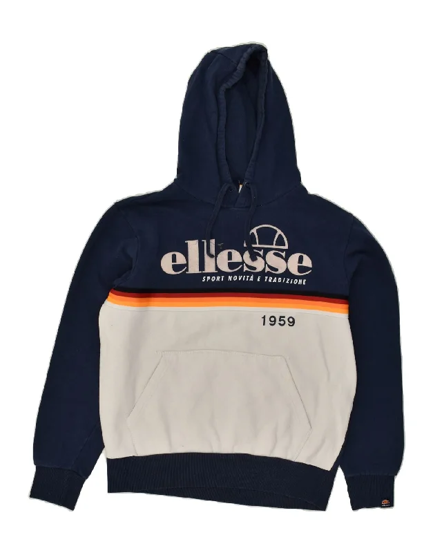 ELLESSE Womens Graphic Hoodie Jumper UK 18 XL Navy Blue Colourblock Cotton Hoodie with Front Slit Layering Stylish ELLESSE Womens Graphic Hoodie Jumper UK 18 XL Navy Blue Colourblock Cotton Hoodie with Front Slit Layering Stylish