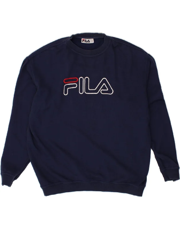 FILA Mens Graphic Sweatshirt Jumper 2XL Navy Blue Cotton Hoodie with Batwing Sleeves Loose Dramatic FILA Mens Graphic Sweatshirt Jumper 2XL Navy Blue Cotton Hoodie with Batwing Sleeves Loose Dramatic