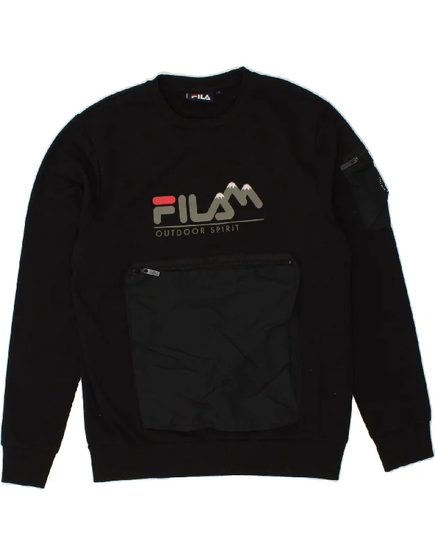 FILA Mens Graphic Sweatshirt Jumper Large Black Cotton Hoodie with Front Slit Layering Stylish FILA Mens Graphic Sweatshirt Jumper Large Black Cotton Hoodie with Front Slit Layering Stylish