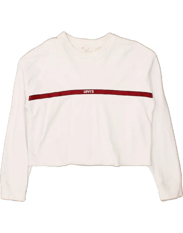 LEVI'S Womens Oversized Crop Sweatshirt Jumper UK 6 XS White Striped Hoodie with Print Artistic Unique LEVI'S Womens Oversized Crop Sweatshirt Jumper UK 6 XS White Striped Hoodie with Print Artistic Unique