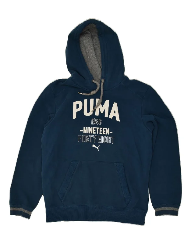 PUMA Mens Graphic Hoodie Jumper Small Navy Blue Hoodie with Exposed Zipper Edgy Industrial PUMA Mens Graphic Hoodie Jumper Small Navy Blue Hoodie with Exposed Zipper Edgy Industrial