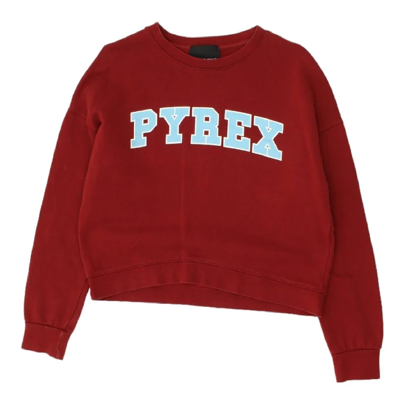 Pyrex Womens Short Red Spellout Logo Sweatshirt | Vintage Designer Jumper VTG Hoodie with Crew Neck Simple Timeless Pyrex Womens Short Red Spellout Logo Sweatshirt | Vintage Designer Jumper VTG Hoodie with Crew Neck Simple Timeless